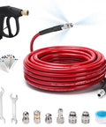 Heavy Duty Sewer Jetter Kit For Pressure Washer With Fifty Foot Drain Cleaning Hose And Gun Includes Button Nose And Rotating Nozzles Corner Nozzle M22 Adapters Quarter Inch Quick Connect Perfect For Clearing Stubborn Clogs Like A Pro, showing hose and accessories