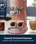 Compact Espresso Machine And Cold Brew Coffee Maker With Automatic Milk Frother Wand For Next Level Hot Iced Coffee Crafts And Dope Daily Sips In Sleek Rose Pink brewing two espressos with a cold brew drink nearby.