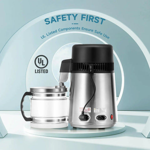4L Brushed Stainless Steel Tabletop Water Distiller with Glass Pot, Home Distiller for Clean Purified Water in Minutes
