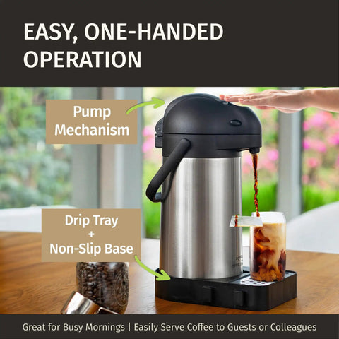 Big Batch Coffee Carafe With Pump And Drip Tray 74oz 2.2L Thermal Airpot for Hot Liquids 12 Hour Insulated Dispenser in use