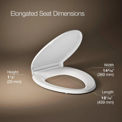 Glenbury ReadyLatch Quiet Close Elongated Toilet Seat dimensions shown with width and length measurements