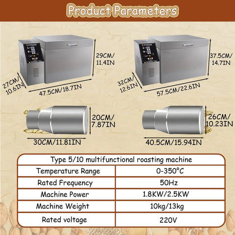 No Sweat Heavy Duty Electric Coffee And Nut Roaster With Auto Timer And Adjustable Temperature Dial dimensions and specifications chart.