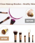 Electric Makeup Brush Cleaner And Dryer Machine For Quick Clean And Dry Makeup Brushes Automatic Cosmetic Brush Spinner Washer Is A Game Changer For Busy Mornings Fast Hands Free Cleaning And Drying shown with before and after clean brushes