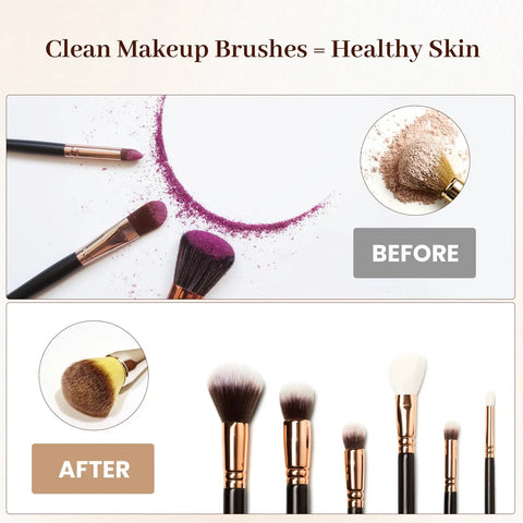 Electric Makeup Brush Cleaner And Dryer Machine For Quick Clean And Dry Makeup Brushes Automatic Cosmetic Brush Spinner Washer Is A Game Changer For Busy Mornings Fast Hands Free Cleaning And Drying shown with before and after clean brushes