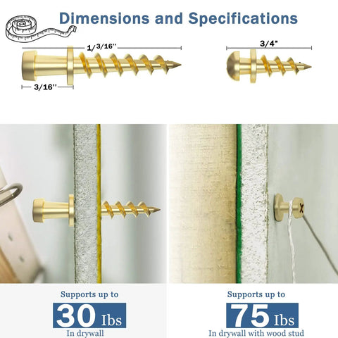 Dimensions and installation of Heavy Duty Hanging Screws For Picture Hangers 4 In 1 D Rings Sawtooth Wire And Keyhole Mounts Gold Finish
