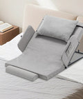 Electric Adjustable Bed Backrest With Safety Rails 300 Pound Capacity, soft gray foam, on bed with washable cover for elderly