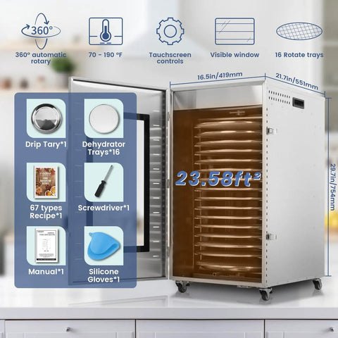 Heavy Duty 16 Trays Commercial Food Dehydrator For Making Sweet Beef Jerky And Dried Fruit All Week Long Without Breaking A Sweat Featuring Stainless Steel Racks And A Reliable 1500 Watt Motor with drip tray and control panel.