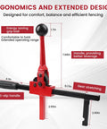 Heavy Duty Chain Link Fence Stretcher Tool With Ratcheting Puller And Tensioner For Woven Wire And Barbed Wire One Person Operation For Farm Ranch And Garden Fence Repair, showing ergonomic design with red handle and black grip.