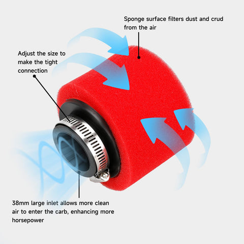 Red 38mm air filter for VM22 Racing Performance Carburetor For Predator 212cc And 196cc Clone Engines with labeled features