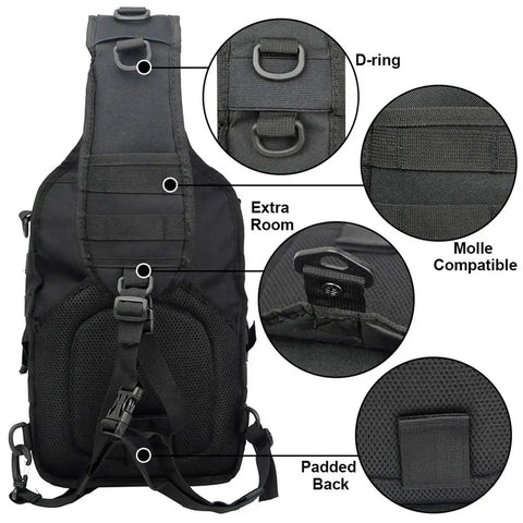 Back view of Rugged Tactical Sling Bag Pack Waterproof Rucksack For Travel Hiking Camping Trekking Exploring Fishing Hunting