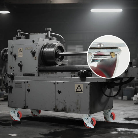 Heavy Duty 4 Inch Industrial Casters With Secure Rolling Brakes 3200 Lbs Capacity Polyurethane Treads on a lathe machine.