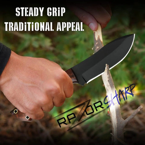 Rugged Fixed Blade Hunting Knife With Powder Coated Stainless Steel Blade And Wooden Grip Full Tang Build carving stick outdoors
