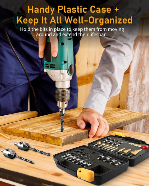 Front view of a green power drill drilling wood; 34-piece woodworking drill bit set in a black plastic case nearby.