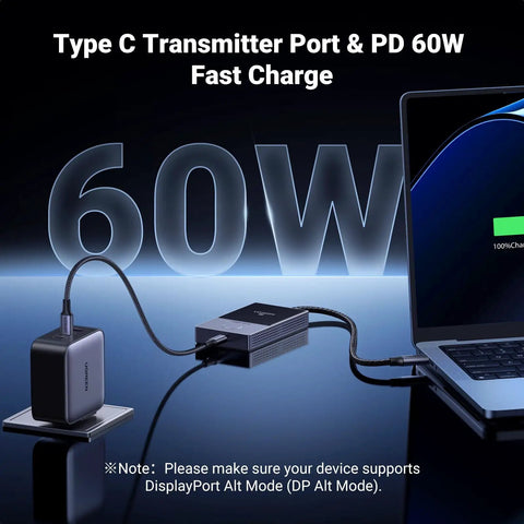 Wireless USB C Transmitter And HDMI Receiver for 1080P 60Hz Video from laptop showing connection with charger