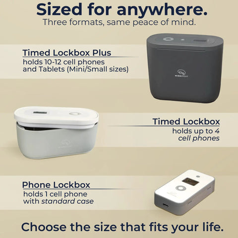 Timed Digital Lock Box For Phones And Tablets To Slash Screen Time, holds multiple devices in three sizes, gray and black colors.