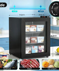 Solid Mini Upright Freezer Countertop Model With 2.2 Cubic Feet Span side view showing adjustable thermostat and glass door.