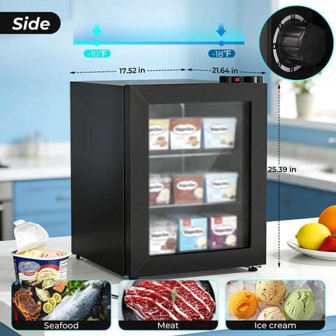 Solid Mini Upright Freezer Countertop Model With 2.2 Cubic Feet Span side view showing adjustable thermostat and glass door.