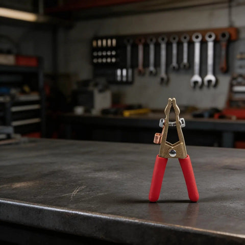 Heavy Duty 260A Brass Welding Ground Clamp With Wide 40mm Jaw For Stable Conduction And Secure Grip On Argon Or Gas Shielded Welding Tasks on a workshop table.