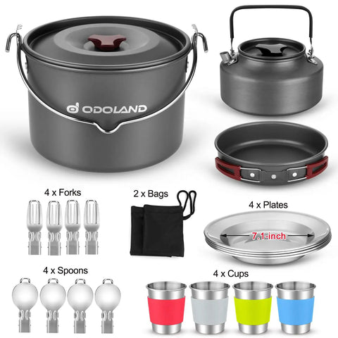 22 Piece Camping Cookware Mess Kit For Four With Hanging Pot Pan Kettle Base Dishes Cups Spoons Forks And Carry Bags Outdoor