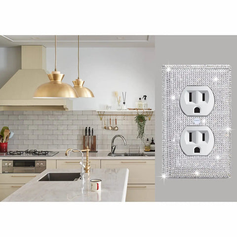 4 Pack Shiny Silver Rhinestone Outlet Covers 1 Gang Wall Plate Toggle Light Switch Covers in modern kitchen space