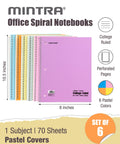 Spiral Notebook Wirebound 1 Subject College Ruled Journal with 70 Sheets of 56 gsm Paper, 8 by 10.5 Inch, Set of 6 Pastel Colors