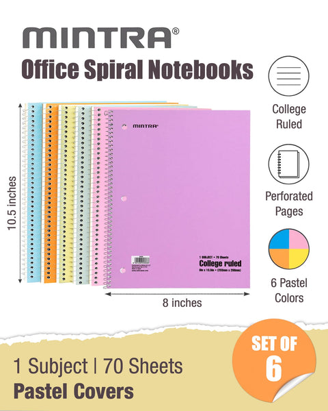 Spiral Notebook Wirebound 1 Subject College Ruled Journal with 70 Sheets of 56 gsm Paper, 8 by 10.5 Inch, Set of 6 Pastel Colors