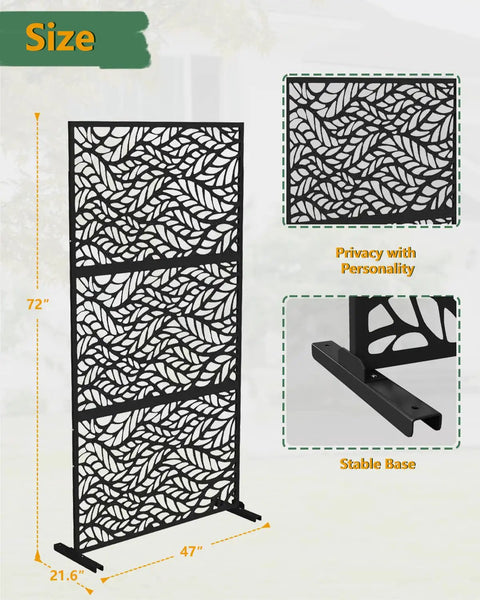 Metal Outdoor Privacy Screen Set Of 2 Freestanding Privacy Fence Panels, 72 Inch High By 47 Inch Wide, Leaf Black Finish