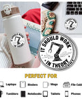 Three Pack It Should Work In Theory Stickers Set Funny Engineering Robot Arm Theme For Mechanical Engineers And Programmers Gift For Laptop, Water Bottle, Notebook, Toolbox, Hard Hat Decals displayed on water bottle and laptop
