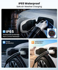 Road Trip Ready Tesla To J1772 Adapter 60 Amp 250 Volt Nacs Connector IP65 waterproof charger shown in snowy and rainy conditions.