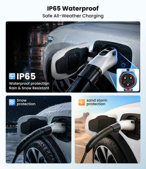 Road Trip Ready Tesla To J1772 Adapter 60 Amp 250 Volt Nacs Connector IP65 waterproof charger shown in snowy and rainy conditions.