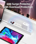 Heavy Duty Surge Protector Power Strip With 6 Outlet Slots And 6 Feet Extension Cord Delivering 600 Joules Protection, white design with device charging.