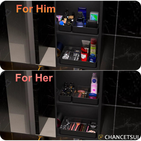Bathroom Modular Drawer Organizer Set With Stackable 3 Piece Storage Trays for personal care and grooming tools in cabinet.