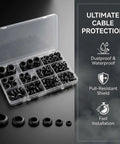 215 Piece Rubber Grommet Kit With 9 Sizes For Wiring shown with organized case and labeled features like dustproof and waterproof protection.