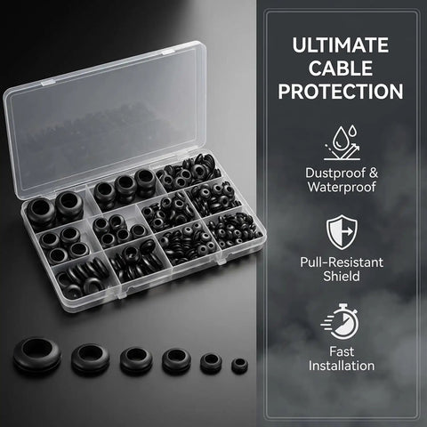 215 Piece Rubber Grommet Kit With 9 Sizes For Wiring shown with organized case and labeled features like dustproof and waterproof protection.