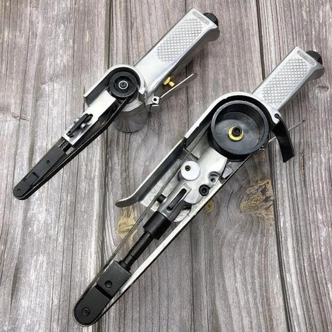 Heavy Duty Mini Air Belt Sander Pneumatic Handheld Angle Grinder For Wood And Metal Sanding Polishing Rust Removal With 520X20mm Belts on wooden surface.