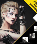 Model wearing gloves and accessories showing 354 Piece Punk Spikes And Studs Kit In 8 Sizes For Leather Crafting Cone Spikes And Rivets
