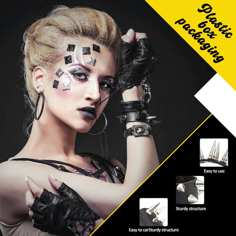 Model wearing gloves and accessories showing 354 Piece Punk Spikes And Studs Kit In 8 Sizes For Leather Crafting Cone Spikes And Rivets