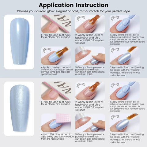 Application instructions for gel polish; steps 1-6 for manicure using HEMA Free Gel Polish Kit Two Pack 18 Ml Light Pink and Hot Pink