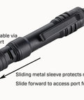 MicroStream USB Rechargeable LED Flashlight 250 Lumen 1150 Candela EDC Ultra Compact with protective sleeve for charging port.