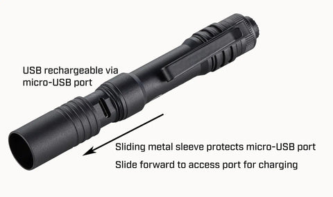 MicroStream USB Rechargeable LED Flashlight 250 Lumen 1150 Candela EDC Ultra Compact with protective sleeve for charging port.