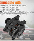 Heavy Duty 330 Amp High Output Alternator Fits Ford F150 Pickup With 5.0L And 3.3L Engines 2011 To 2020 shown from the side, showcasing design and features.