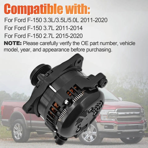 Heavy Duty 330 Amp High Output Alternator Fits Ford F150 Pickup With 5.0L And 3.3L Engines 2011 To 2020 shown from the side, showcasing design and features.