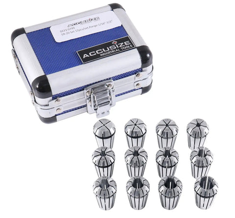 12 Piece ER 20 Collet Set With Sizes From 1/16 Inch To 1/2 Inch In A Tough Aluminum Box, Precision Machining For Tight Grips