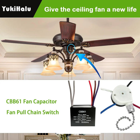 Ceiling Fan Pull Chain Switch With Three Speeds And Four Preinstalled Wires Includes CBB61 Capacitor Set Easy Install