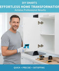Man installing cabinet door using a Hinge Jig And Latch Install Kit For Quick Door Install Precise Positioning With Built In Spirit Level DIY.