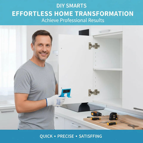 Man installing cabinet door using a Hinge Jig And Latch Install Kit For Quick Door Install Precise Positioning With Built In Spirit Level DIY.