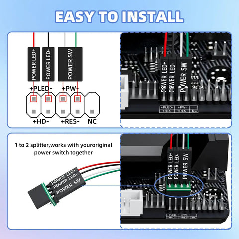 Diagram of External Desktop PC Power Button With 118-Inch Cable And LED Indicator showing connectors and motherboard placement.