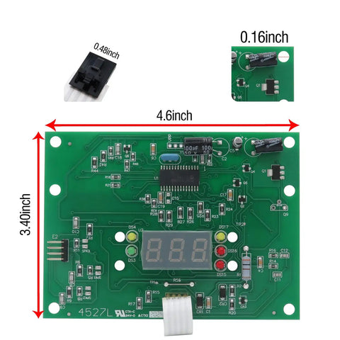 Dimensions of Plug In Replacement Display Board For Low Nox Induced Draft Heaters with components detailed