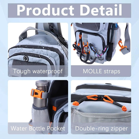Close-up of waterproof Go To Fishing Backpack with MOLLE straps, double-ring zipper, and water bottle pocket in gray.