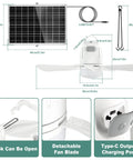 Dimensions and features of Solar Powered Ceiling Fan With 30W Solar Panel And 20000mAh Battery, Portable Outdoor Fan shown
